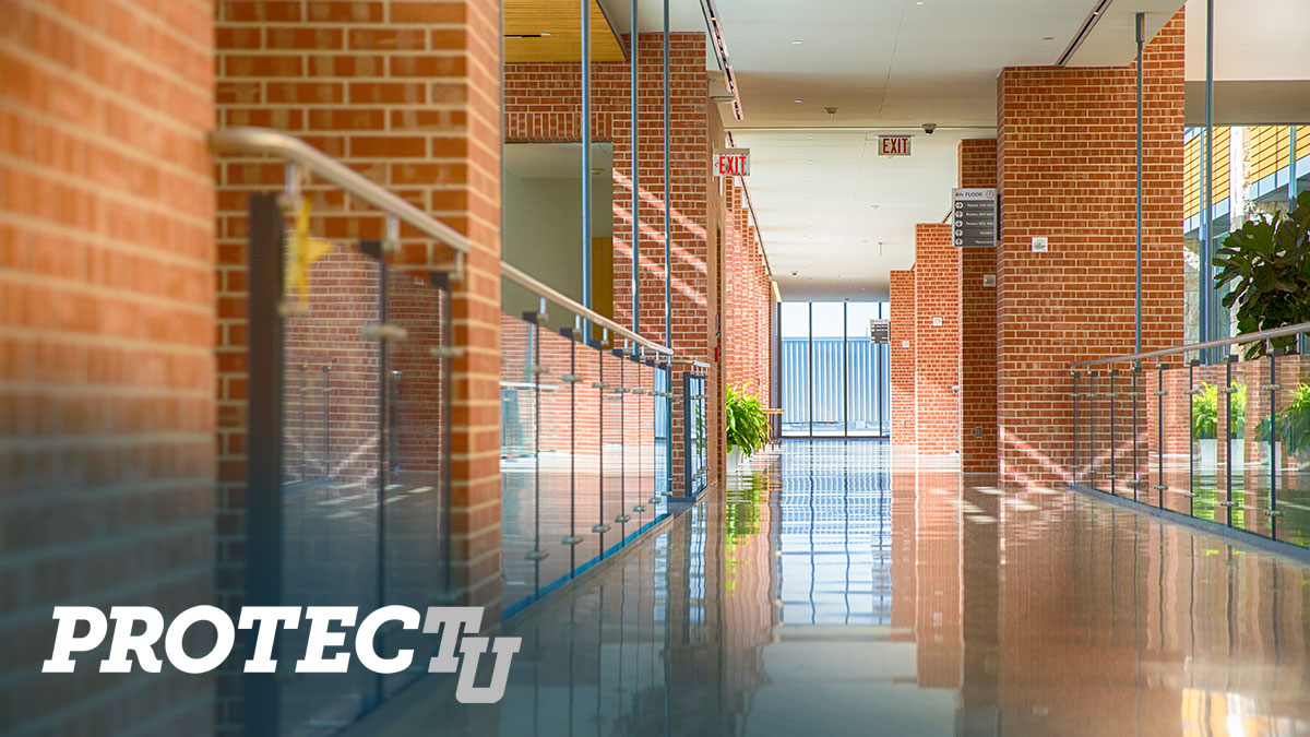 an empty CSI hallway superimposed with the ProtecTU logo