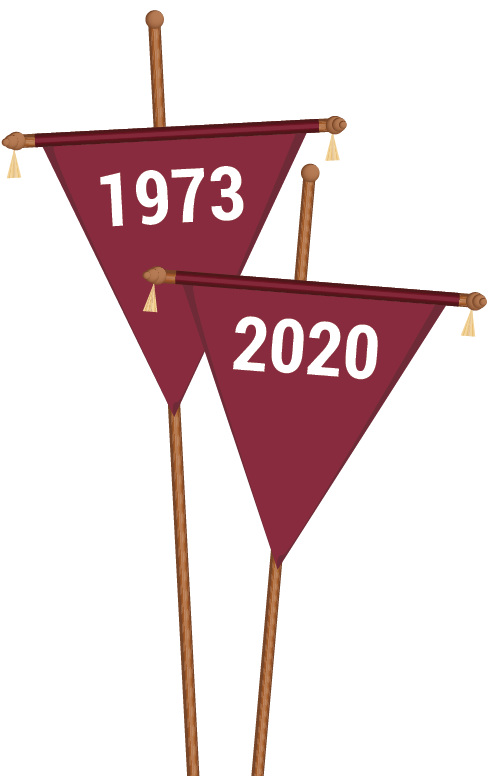 reunion banners depict the classes of 1973 and 2020