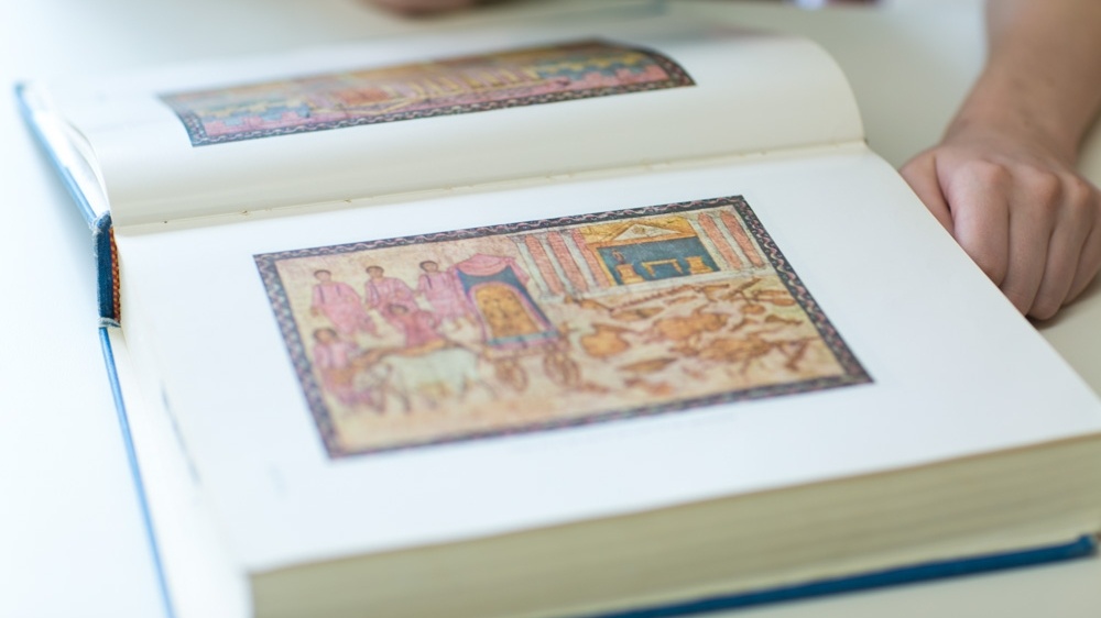Close up of Jewish graphic images in a novel