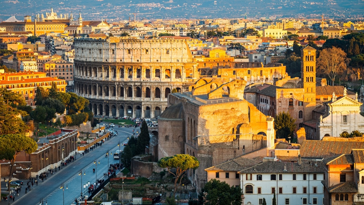 Aerial view of the Coliseum in Rome, Italy at sunset