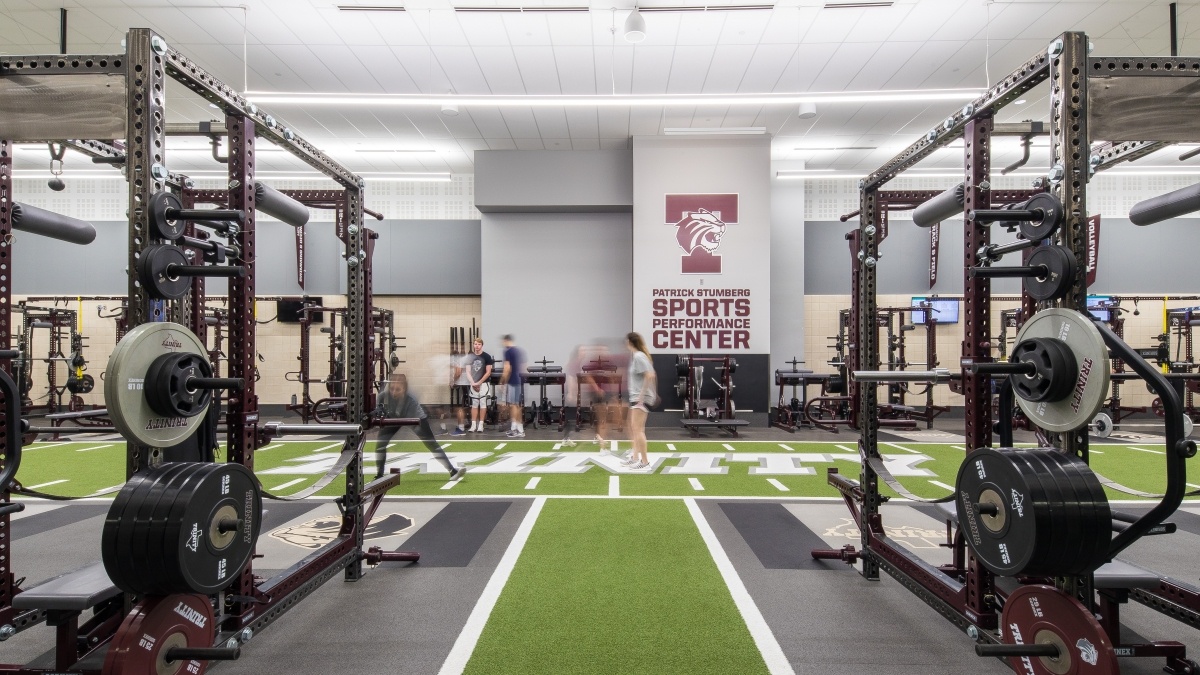 A view of the weight racks in the Stumberg Performance Center