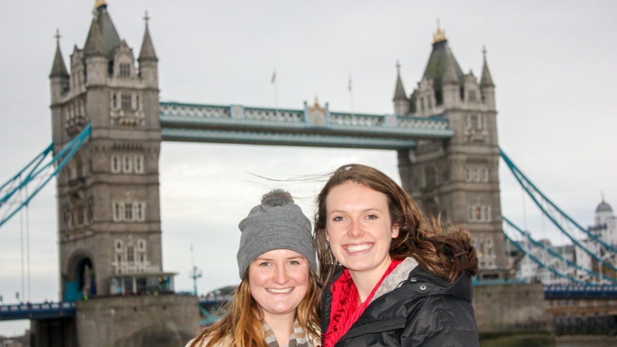 Students in front of Tower Bridge during a winter trip to London