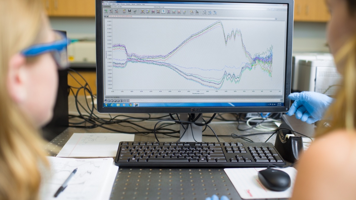 Data scientist at computer screen analyzing data.